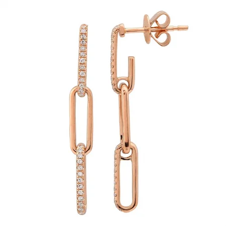 women's earrings with emerald-cut diamond -14k Rose Gold Diamond Link Dangling Paper Clip Earrings