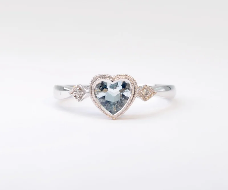 women's engagement rings gold -Heart-shaped Aquamarine with Two Side Diamonds in 14K White Gold