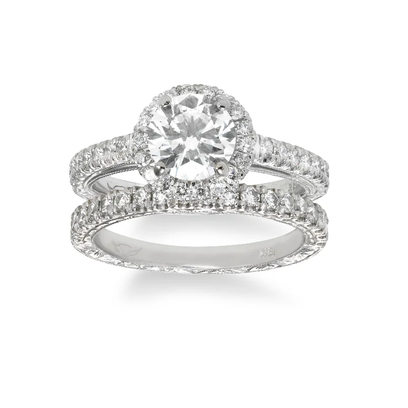 women's engagement rings with large center stone -Bridal Set with Hand Engraving, 18K White Gold