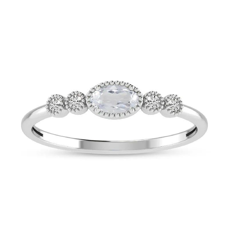 women's engagement rings with brilliant diamond shine -14K White Gold Oval White Topaz and Diamond Stackable Ring RM4307X-APR