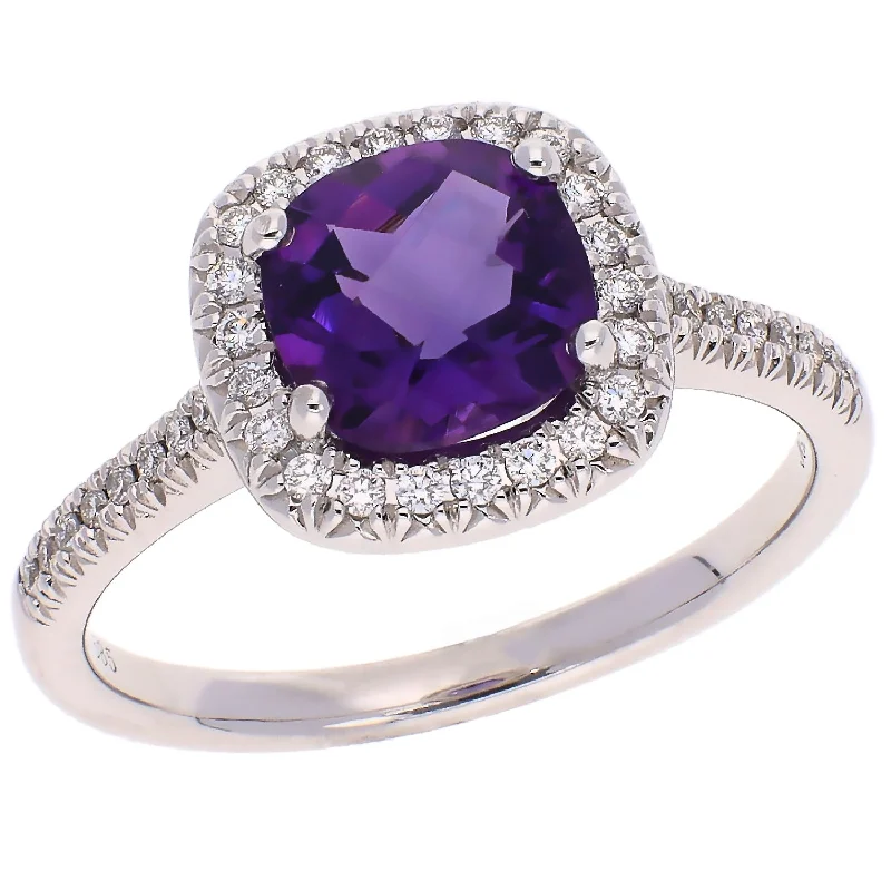 women's engagement rings with antique design -14K White Gold Cushion Cut Amethyst with Diamond Halo Fashion Ring