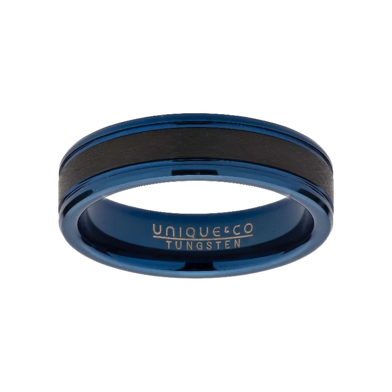 women's rings diamond -Unique & Co 6mm Tungsten Carbide Ring with Black and Blue IP