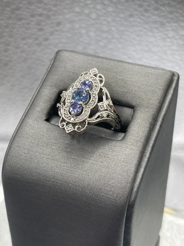 women's engagement rings with twisted band detail -Ladies 14 Karat White Gold Diamond and Sapphire Ring