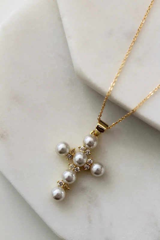 women's necklaces with rose gold chain -White Pearl Cross