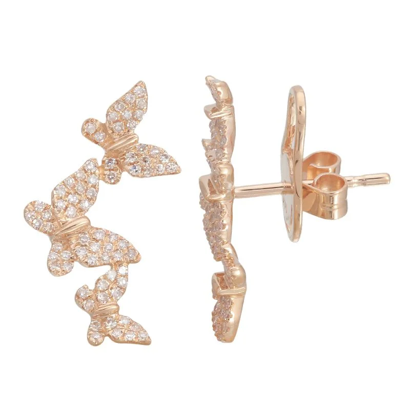 women's earrings with chandelier design -14K Rose Gold Triple Butterfly Diamond Earrings