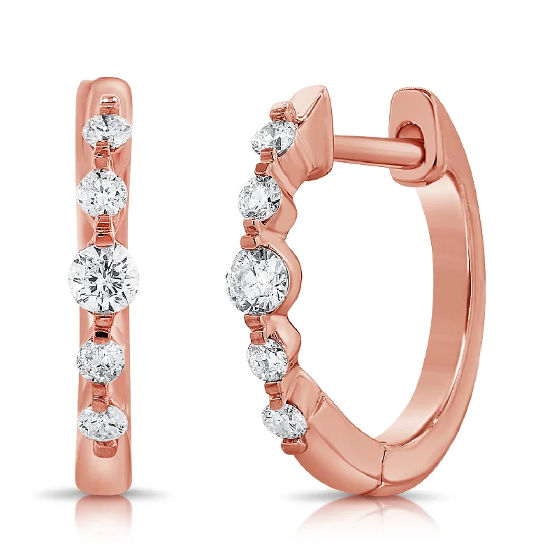 women's earrings with round-cut diamond -14K Rose Gold Diamond Single Prong Huggie Earrings