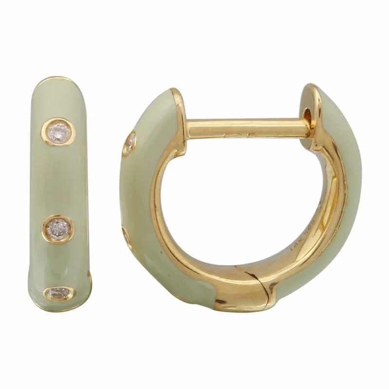 women's earrings with floral pattern -14k Yellow Gold Cool Grey Enamel & Diamond Huggie Earrings