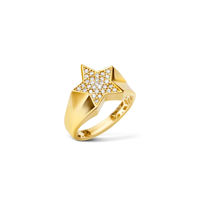 women's rings with platinum band -Signet Star Ring - 14 karat gold ring for women