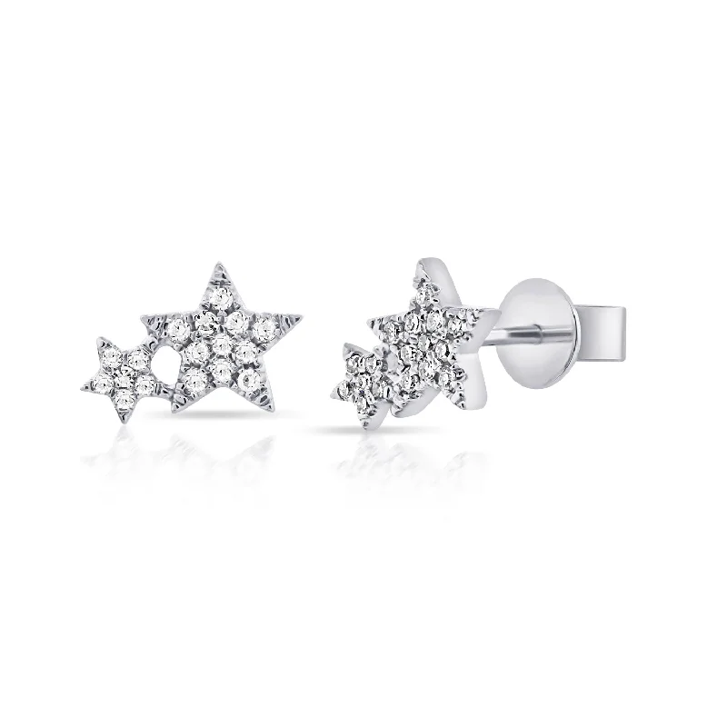 women's earrings with delicate detailing -14K White Gold Diamond Double Star Earrings