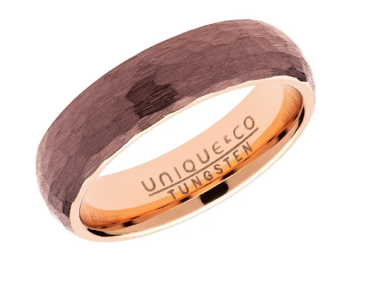 women's rings with geometric design -Unique & Co 6mm Hammered Tungsten Carbide Ring with Brown and Rose IP Plating