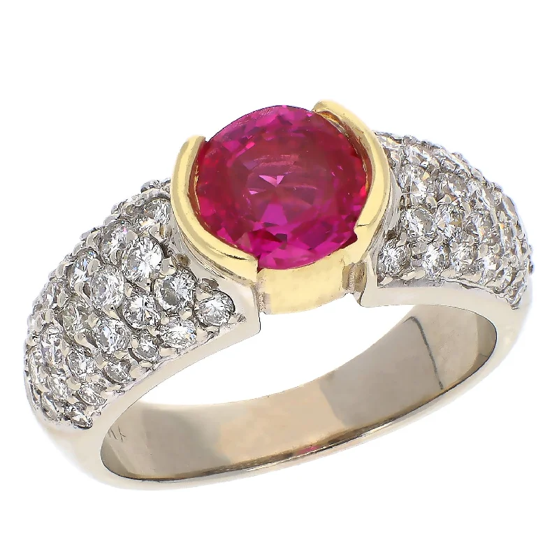 women's engagement rings with vintage-inspired setting -18K White and Yellow Gold Round Ruby and Pavé Diamonds Wide Band Ring