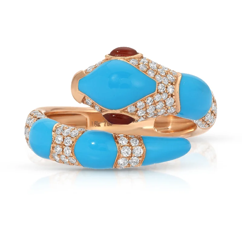 women's engagement rings with round diamond -Turquoise Diamond Snake Ring with Garnet Eyes