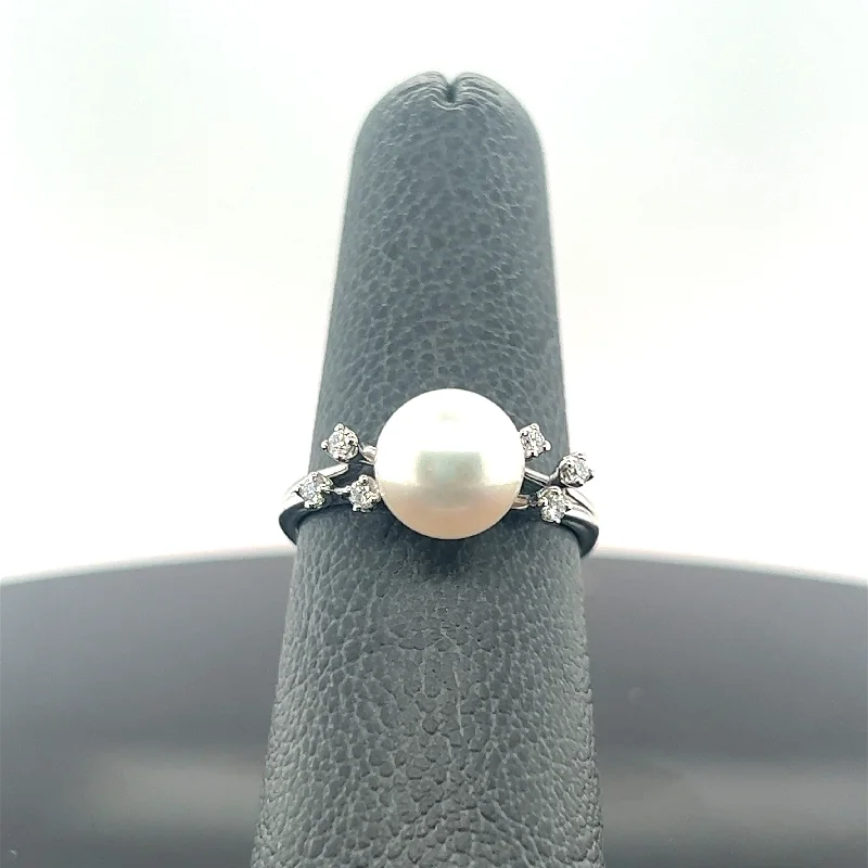 women's engagement rings with minimalist design -18k White Gold Cultured Pearl and Diamond Constellation Ring