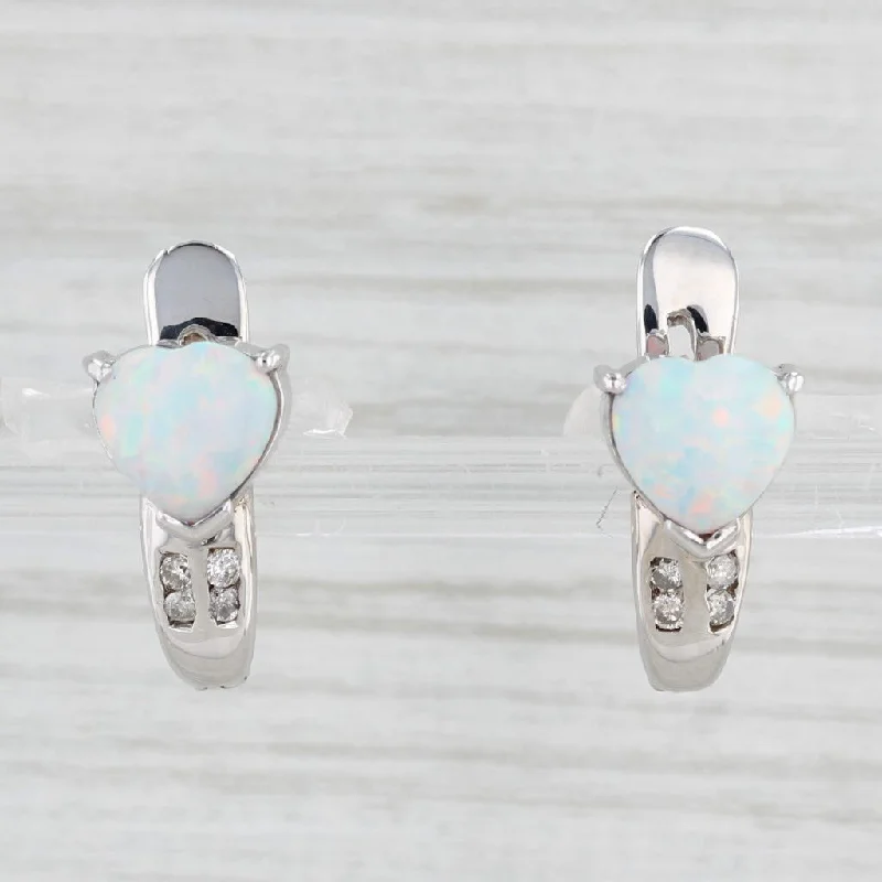 women's earrings with hammered finish -Lab Created Opal Heart Diamond Drop Earrings 14k White Gold