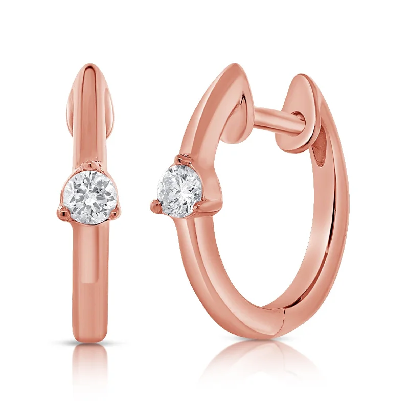 women's earrings with polished metal -14K Rose Gold Diamond Huggie Earrings