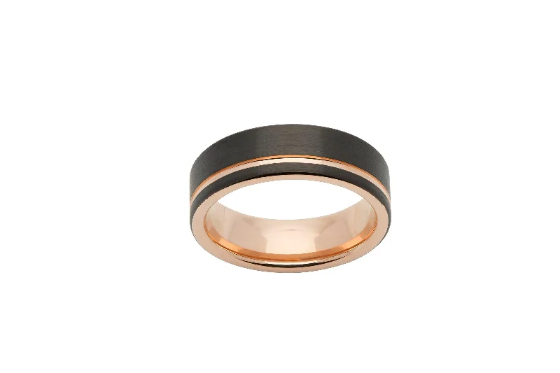 women's rings with bold design -Unique & Co Tungsten Ring with Rose Gold Black IP