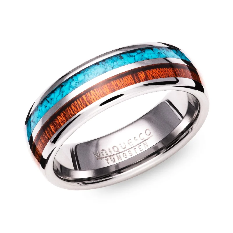 women's rings with twisted metal -Unique & Co Tungsten Carbide Ring with Wood/Turquoise Inlay