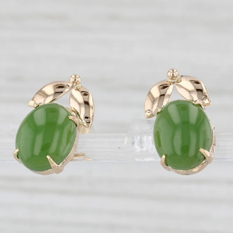 women's earrings with opal -Green Nephrite Jade Leaf Stud Earrings 14k Yellow Gold