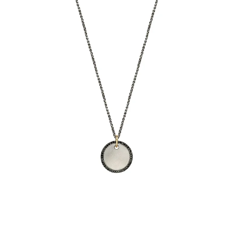 women's necklaces with gemstone accents -Sterling Silver Vintage Finish WADE Disc Pendant with Black Diamonds