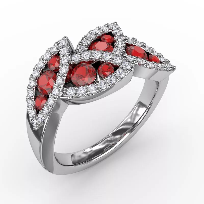 women's engagement rings with side stones -Fana Glam Galore Ruby and Diamond Leaf Ring 1597