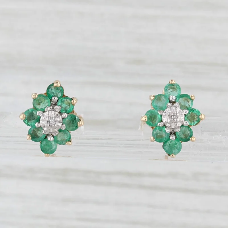 women's earrings with birthstone -0.72ctw Emerald Diamond Cluster Flower Stud Earrings 10k Yellow Gold