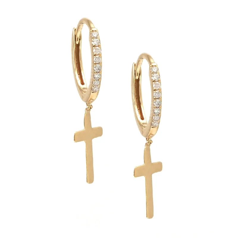 women's earrings with hoop style -14k Yellow Gold Diamond Cross Earrings