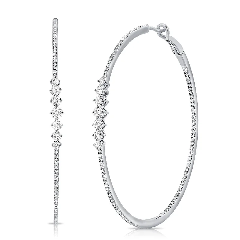 women's earrings with celestial stars -14K White Gold Diamond Inside-Out Hoop Earrings