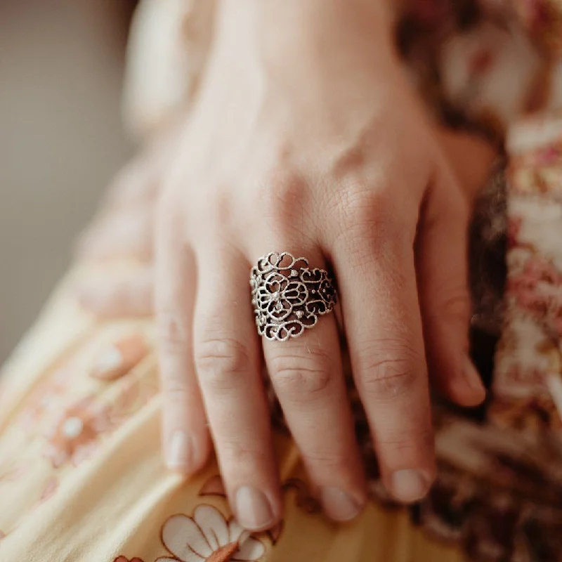 women's rings with engraved accents -Anatolian Boho Ring - "Filigree Flower"