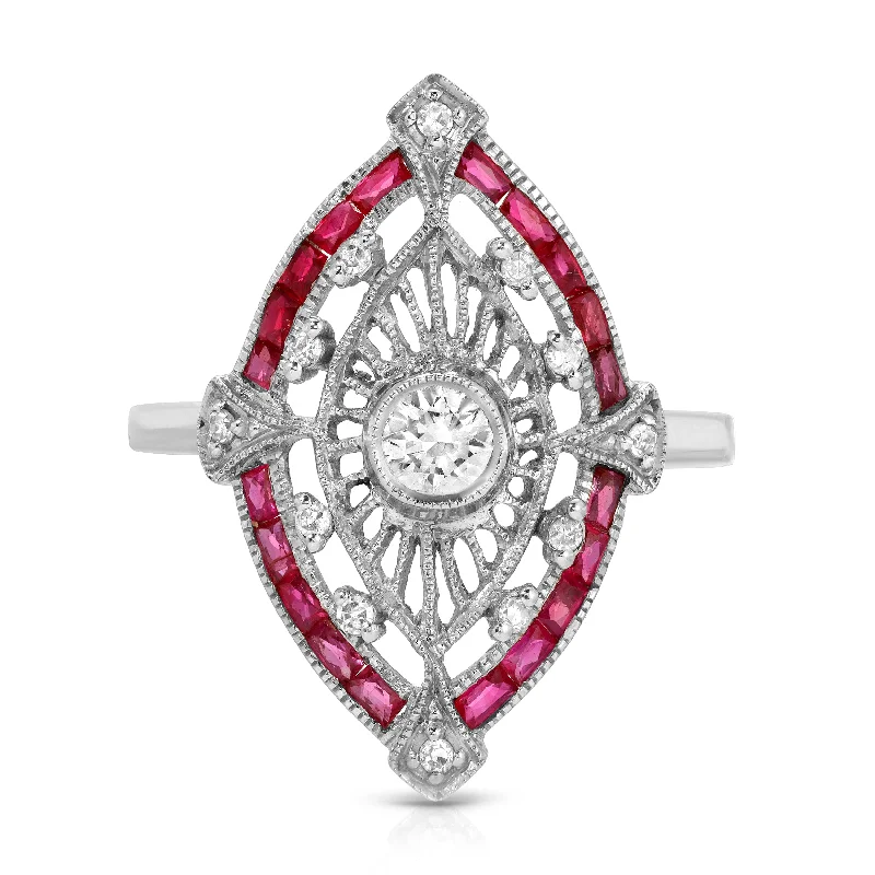 women's engagement rings with three-stone sapphire -Estate Diamond Ruby Navette Ring