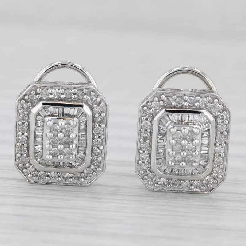 women's earrings with drop design -1ctw Diamond Cluster Halo Drop Earrings 14k White Gold Omega Backs