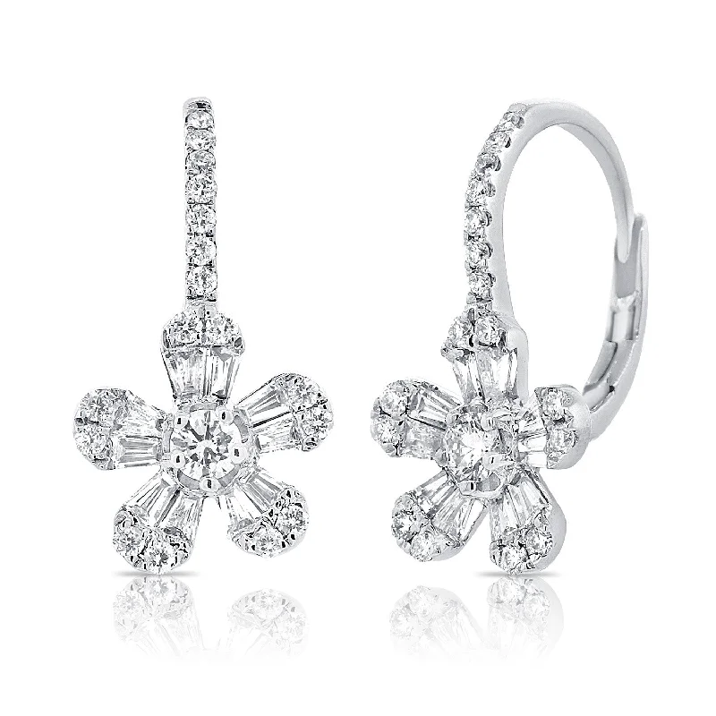 women's earrings with radiant cut -14K White Gold Diamond Baguette Drop Flower Earrings