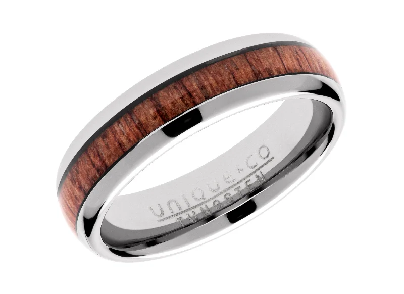 women's rings with round stone -Unique & Co 6mm Tungsten Carbide Ring with Wood Inlay