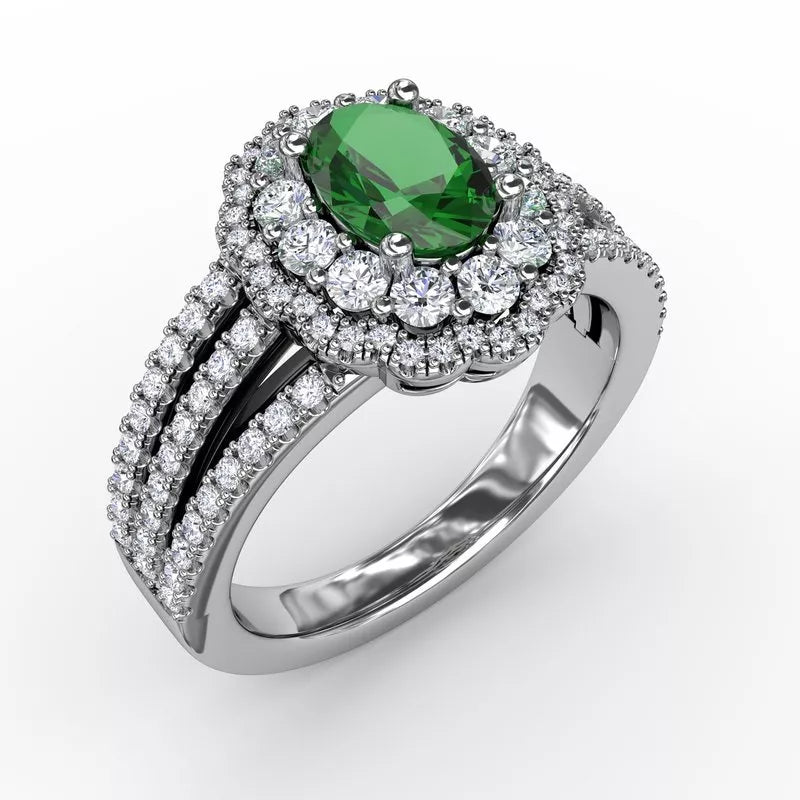 women's engagement rings with white gold band -FANA Emerald and Diamond Triple Row Split Shank Ring R1534E