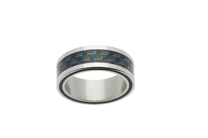 women's rings with floral side accents -Unique & Co Blue Carbon Fibre and Steel Ring