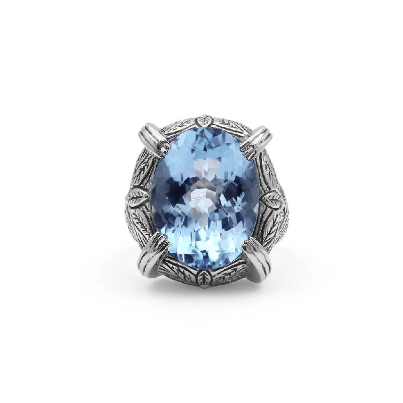 women's rings with dual-tone band -Garden Of Stephen Faceted Blue Topaz Ring In Engraved Sterling Silver