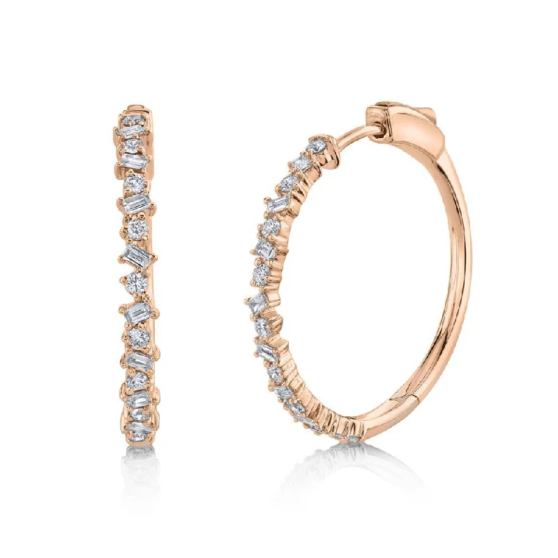 women's earrings with ruby -14K Rose Gold Round+Baguette Diamond Hoop Earrings