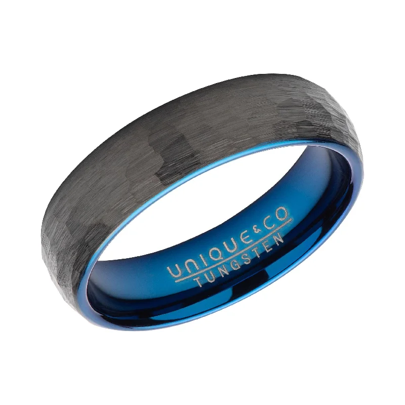 women's rings with vintage design -Unique & Co Hammered Tungsten Black and Blue Ring