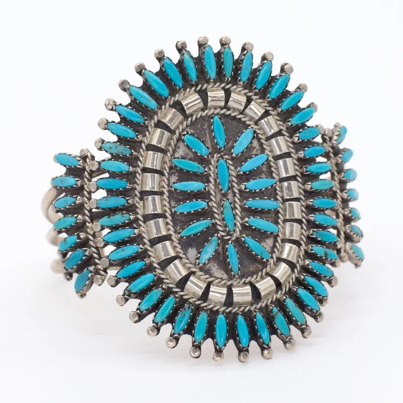 women's bracelets with solid finish -Nathaniel & Rosemary Nez Navajo Handmade Sterling Silver Turquoise Needlepoint Cuff Bracelet