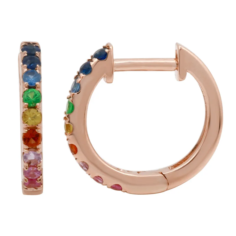 women's earrings with rose-cut diamonds -14K Rose Gold Multi-Sapphire Rainbow Mini Hoop Earrings