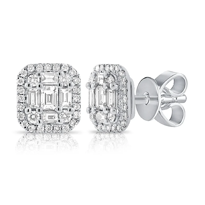 women's earrings with layered hoops -14K White Gold Diamond Cluster Square Earrings