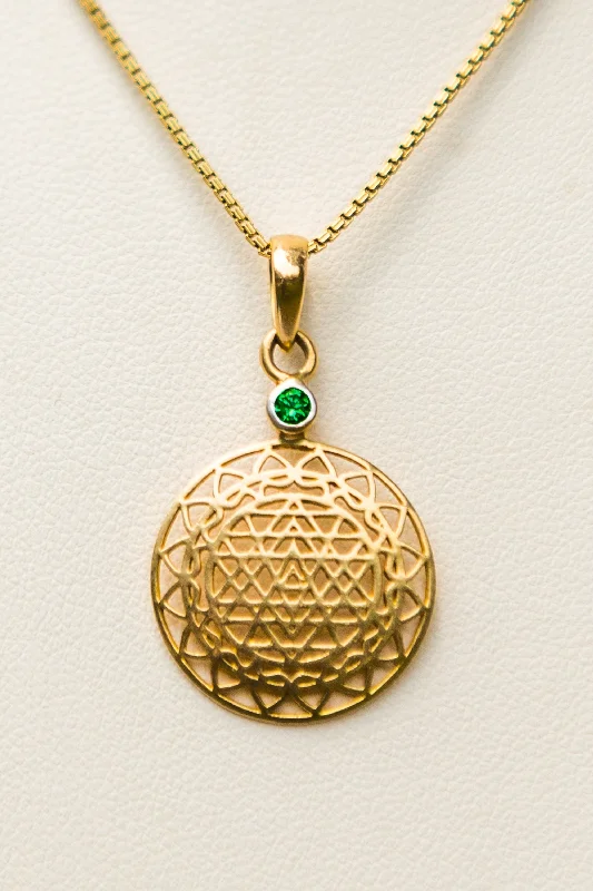 women's necklaces with aquamarine -14kt Gold Sri Yantra Pendant Mounted with Emerald on 18kt Gold Chain