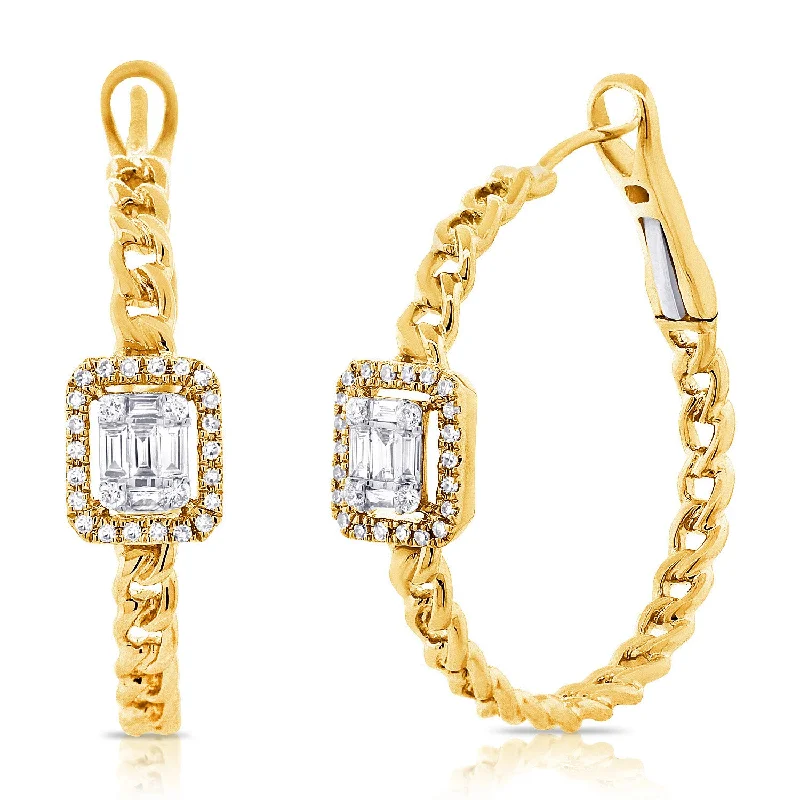 women's earrings with handcrafted style -14K Yellow Gold Baguette Diamond Curb Link Hoop Earrings