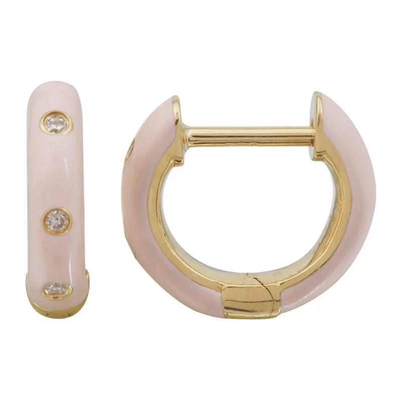 women's earrings with halo setting -14K Yellow Gold Blush Enamel & Diamond Huggie Earrings