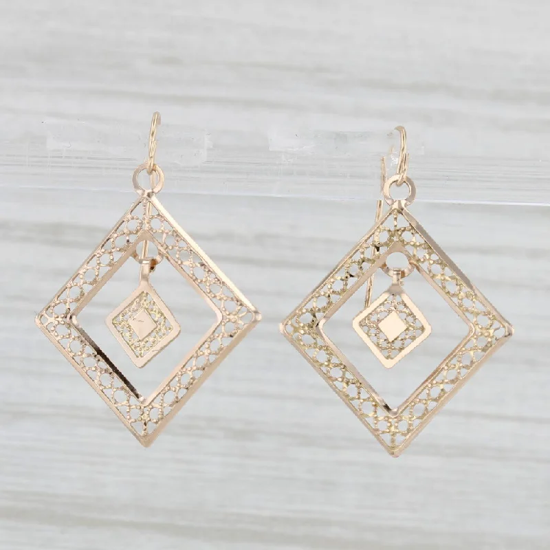 women's earrings gold -Filigree Square Dangle Earrings 14k Yellow Gold Hook Posts