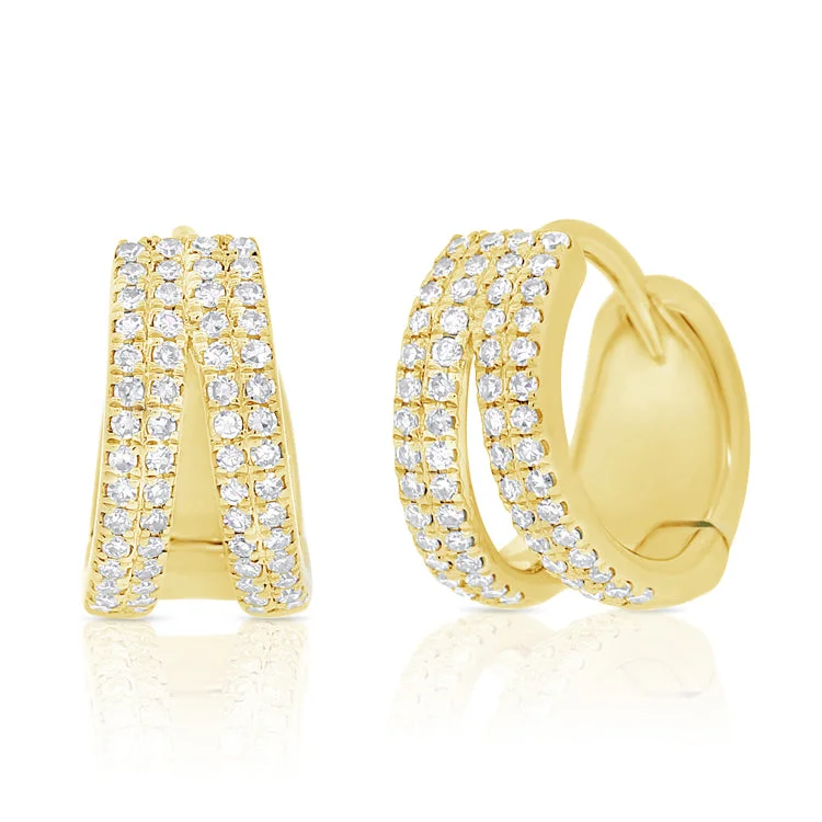 women's earrings with luxury look -14K Yellow Gold Diamond Double Row Split Huggie Earrings