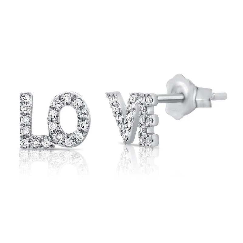 women's earrings with gemstone halo -14K White Gold Diamond "Love" Stud Earrings