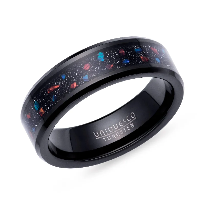 women's rings with cubic zirconia -Unique & Co Tungsten Ring With Black Opal And Red Stone