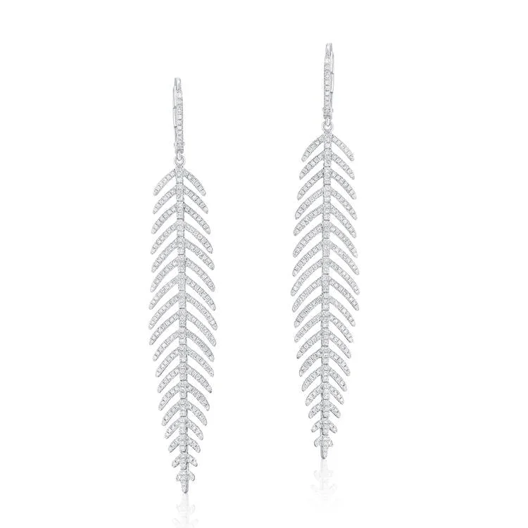 women's earrings with luxury look -14K White Gold Diamond Dangle Feather Earrings