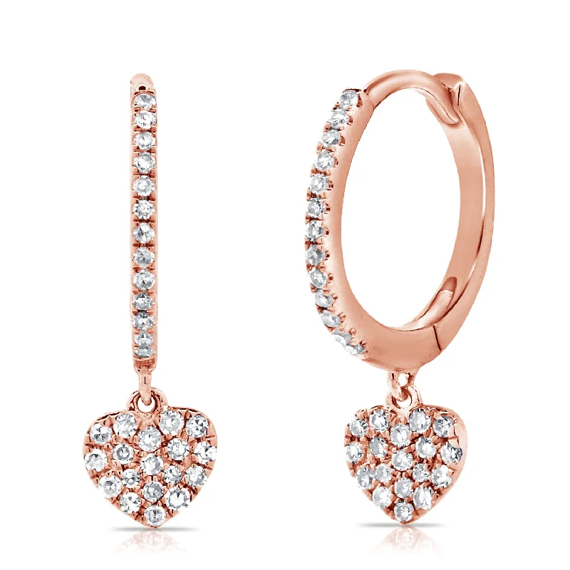 women's earrings with three-stone setting -14K Rose Gold Diamond Dangling Heart Earrings