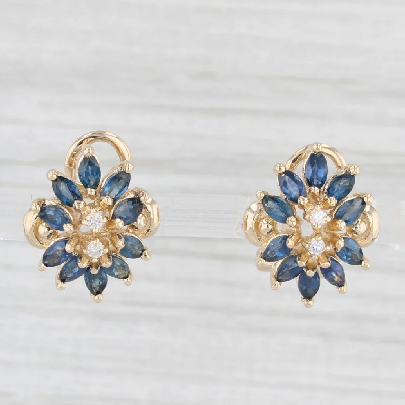 women's earrings with delicate engraving -1.25ctw Blue Sapphire Diamond Flower Stud Earrings 14k Yellow Gold Omega Backs